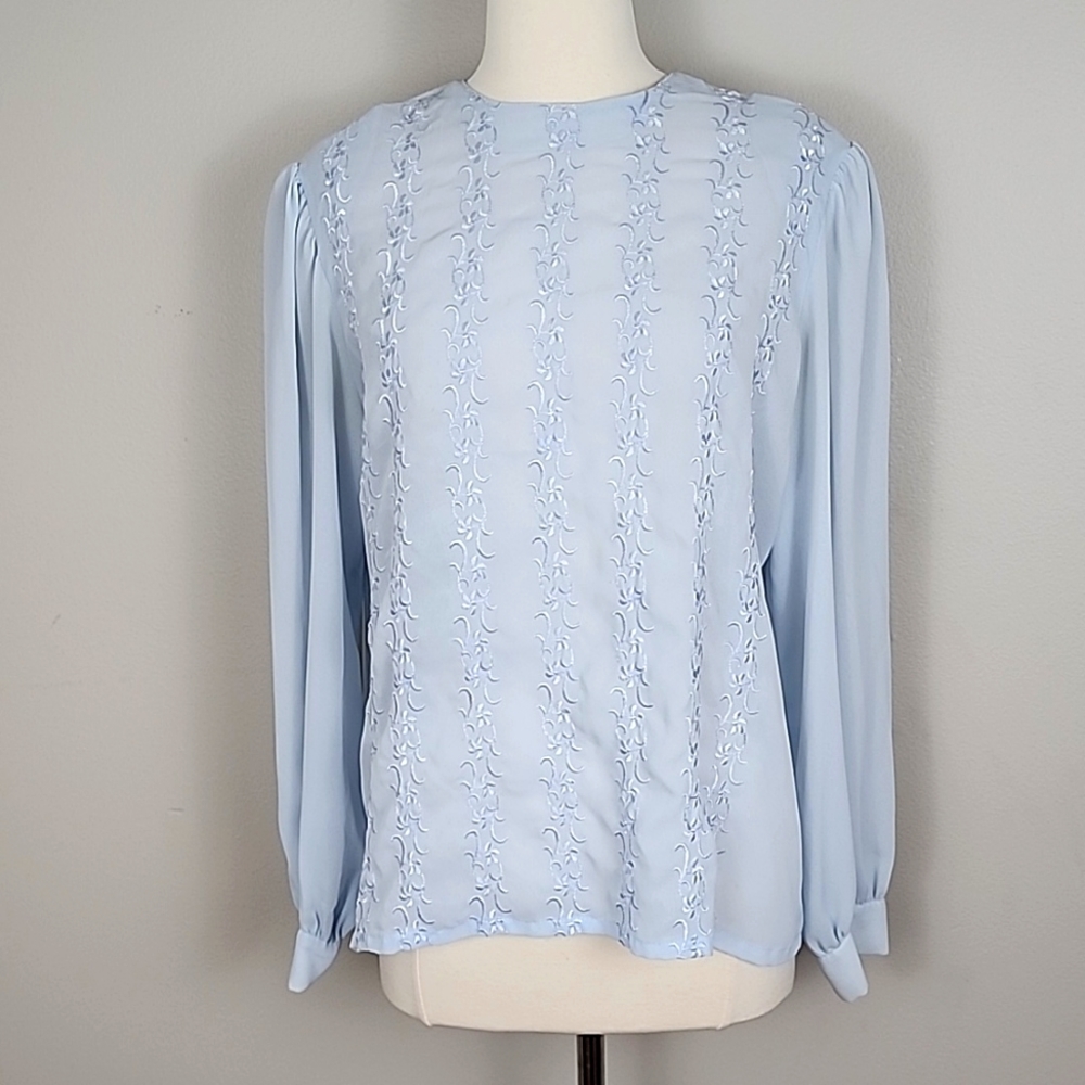VINTAGE Judy Bond Powder Blue Embroidered Blouse